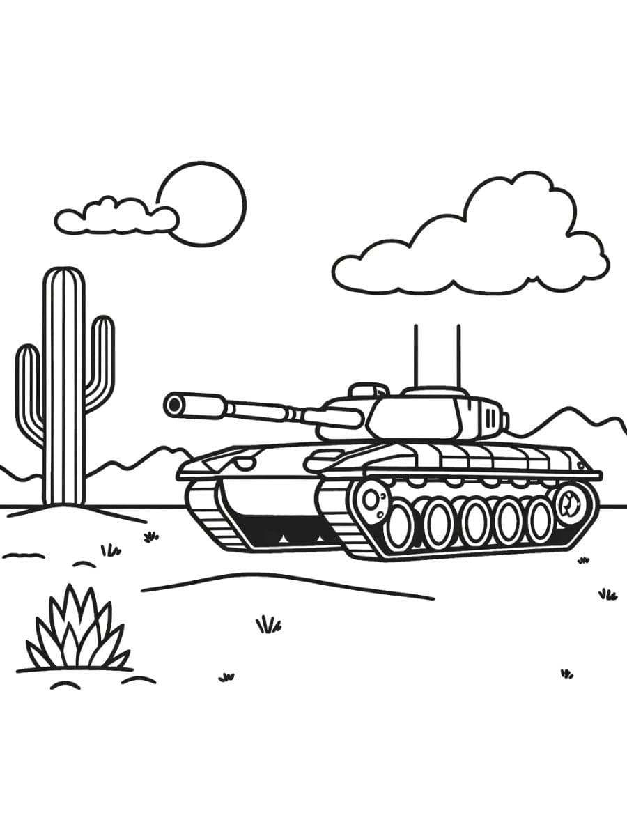 A página para colorir do tanque de guerra é desenhada com formas básicas e grandes espaços para colorir, posicionados em terreno arenoso