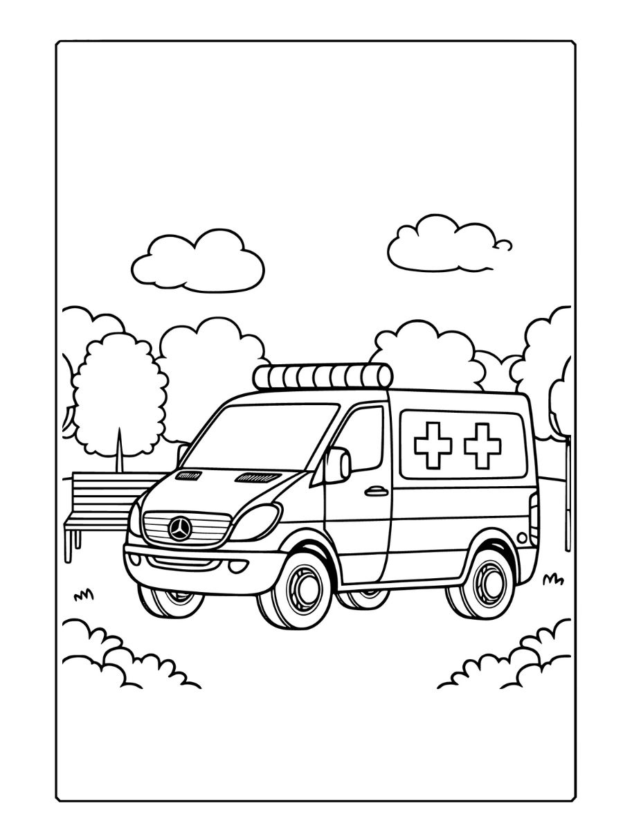 Ambulância Mercedes estilo desenho animado. Esta imagem inclui um fundo básico de parque com árvores e um banco, proporcionando um cenário divertido