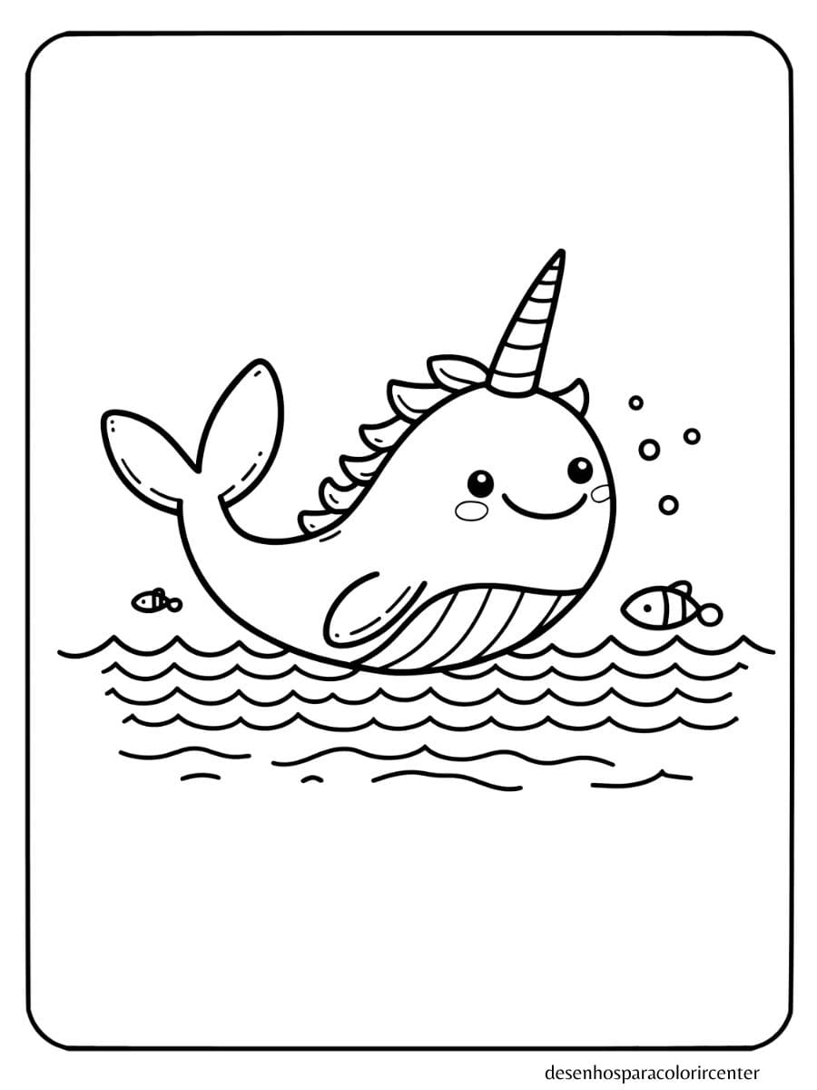 Baleia Unicornio para Colorir Nadando com Amiguinhos