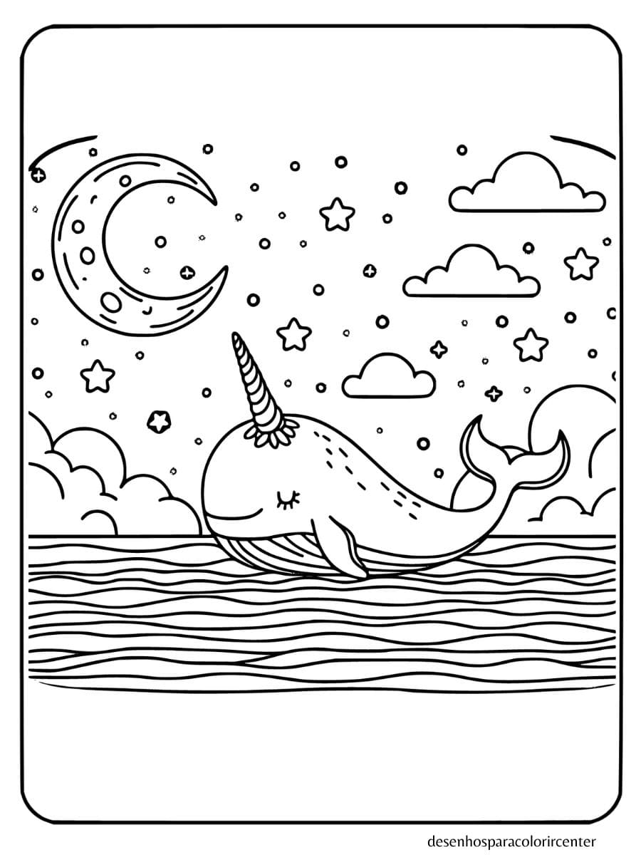 Baleia Unicornio para Colorir Sob a Luz da Estrela