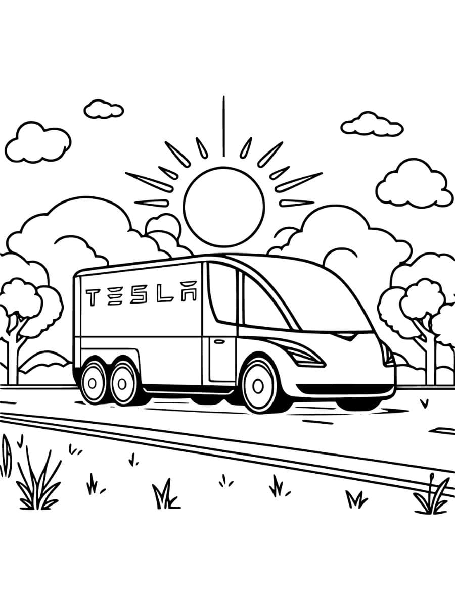 Caminhão Tesla dirigindo em uma estrada para colorir