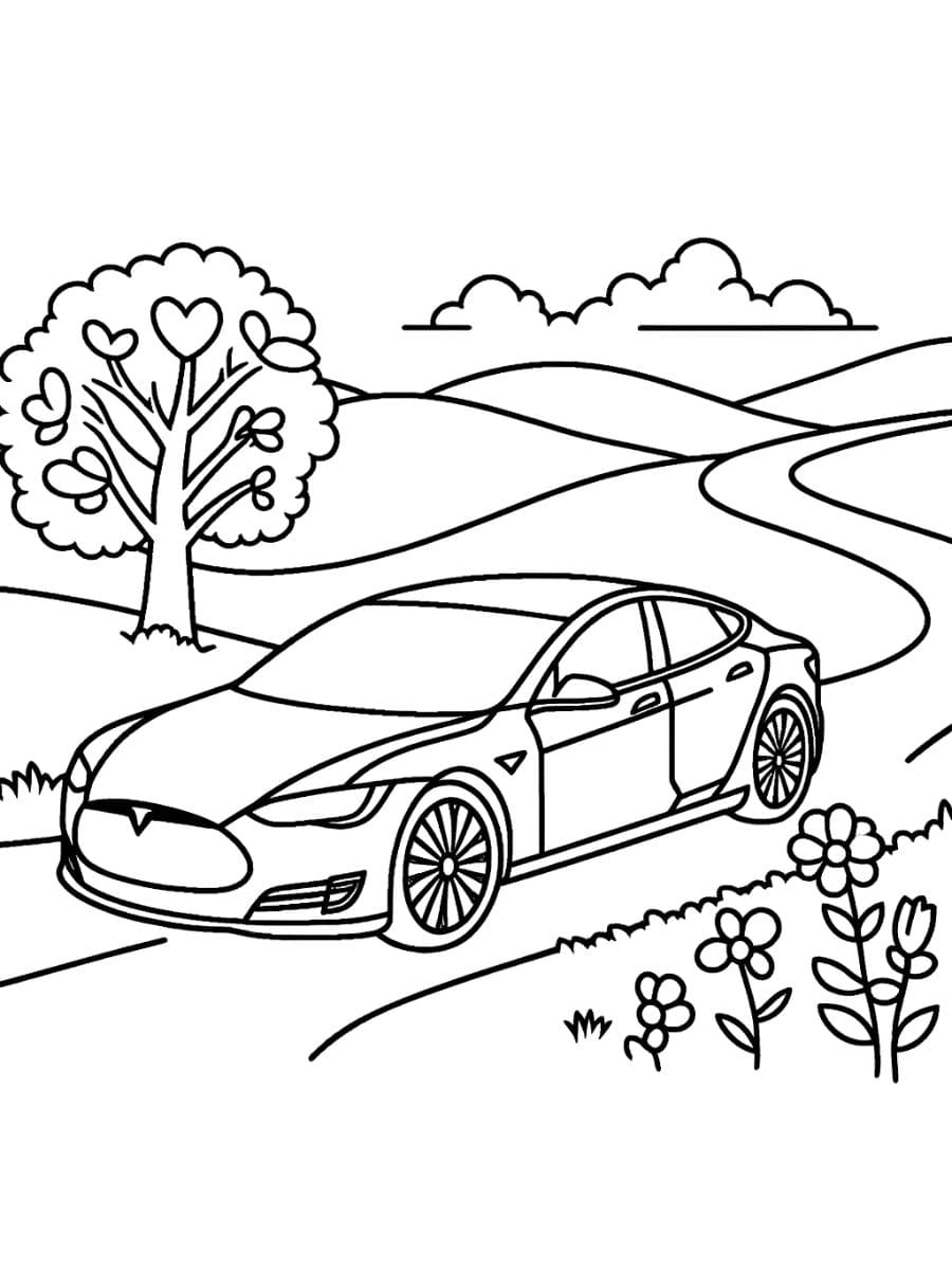 Carro Tesla dirigindo em uma estrada sinuosa para colorir