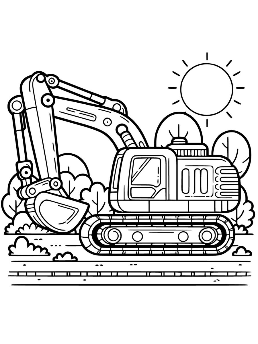 Escavadeira para colorir com arbustos e sol ao fundo