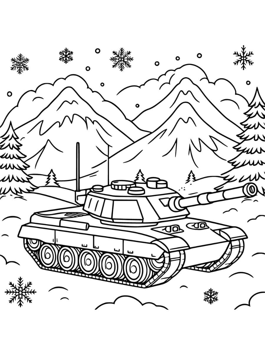 O tanque de guerra para colorir é delineado com linhas largas para facilitar a coloração, situado entre picos nevados. O fundo deve ser mínimo com flocos de neve e alguns pinheiros