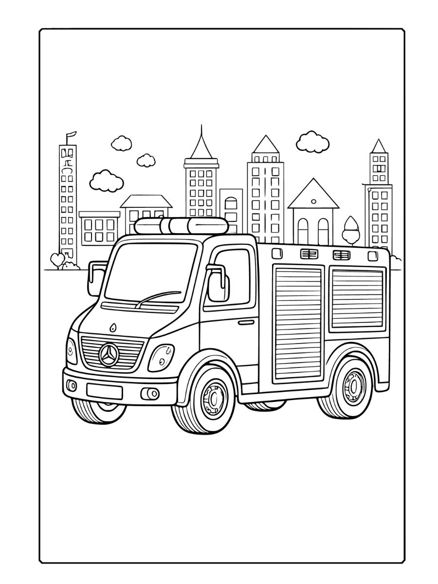 Páginas para colorir de caminhão de bombeiros Mercedes em estilo de desenho animado. Ele foi projetado com um fundo básico de paisagem urbana e ampl