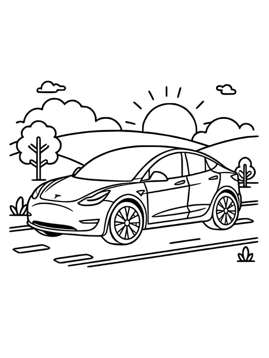 Tesla dirigindo em uma estrada para colorir