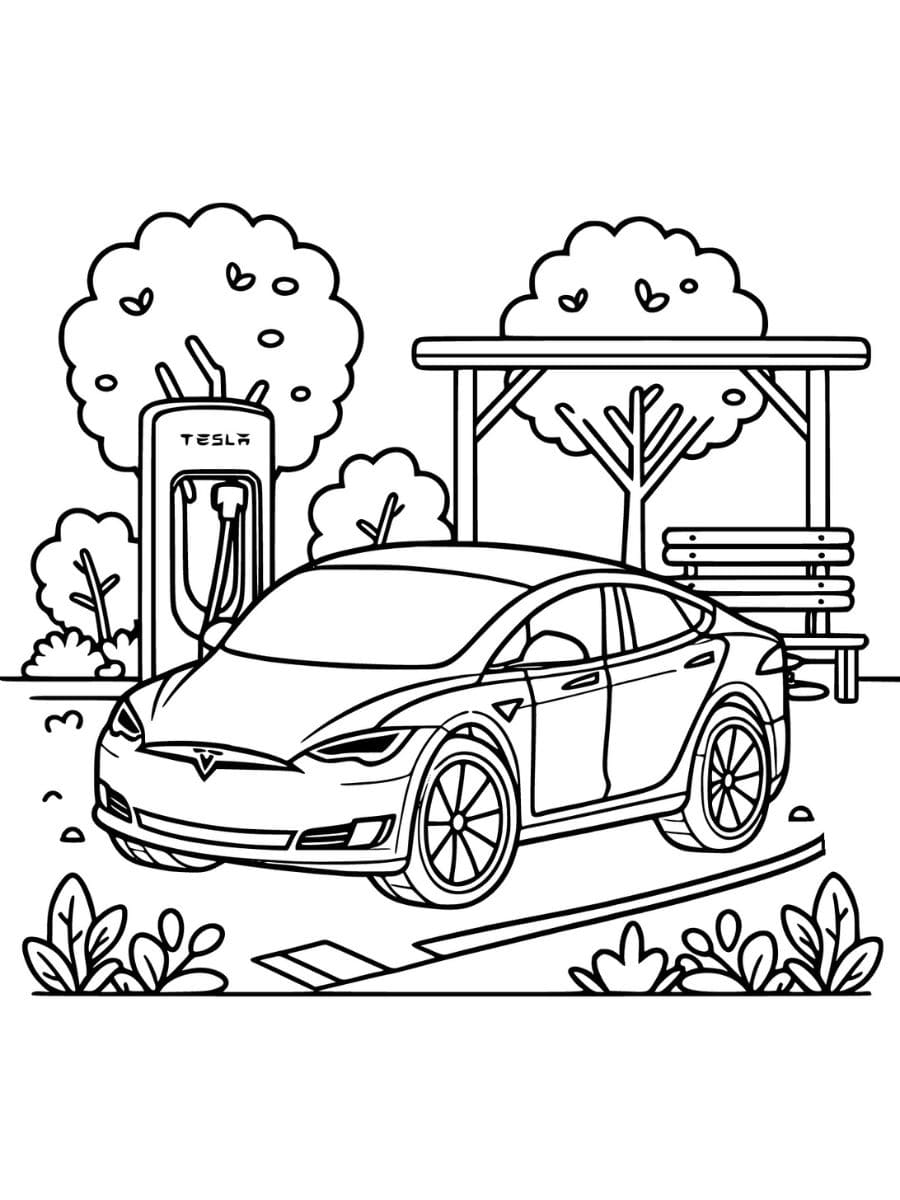 Tesla estacionou em uma estação de carregamento para colorir