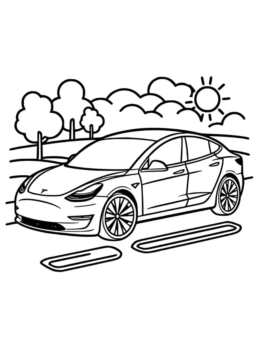 Tesla with trees, clouds, and the sun shining para colorir