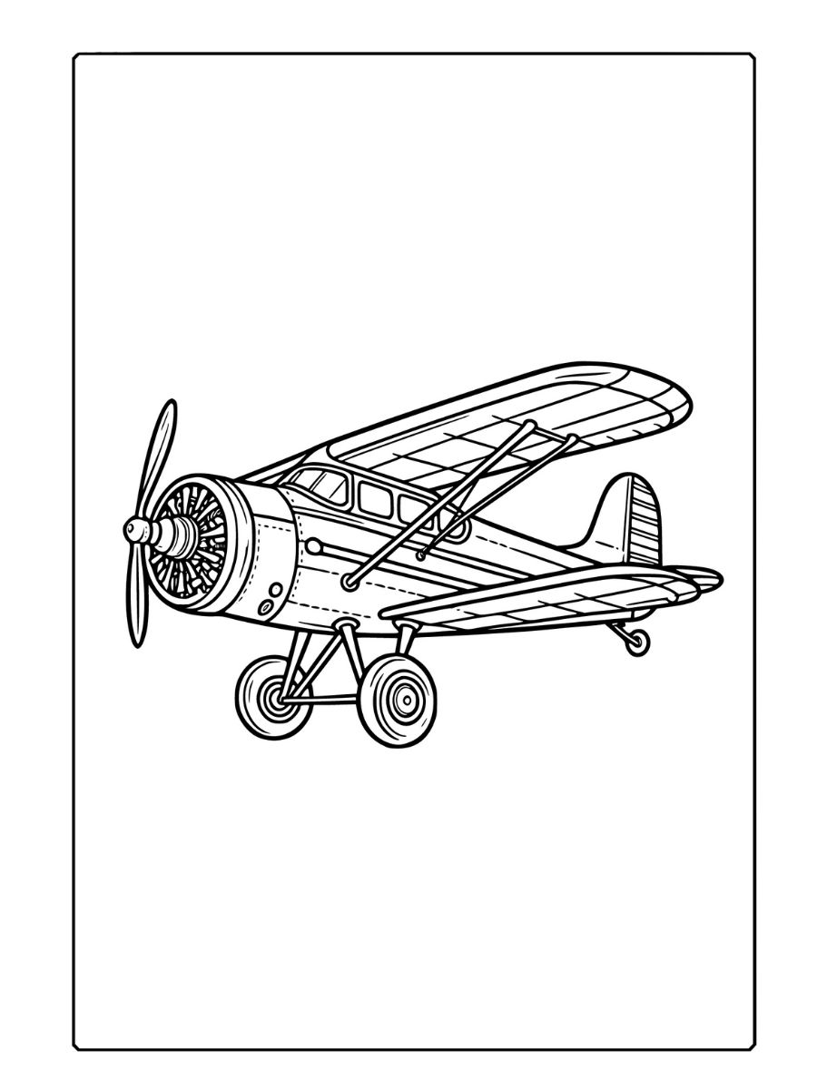 Um avião clássico, retratado como um modelo de hélice vintage. O design é simplificado, com foco em contornos claros e amplo espaço em branco para colorir