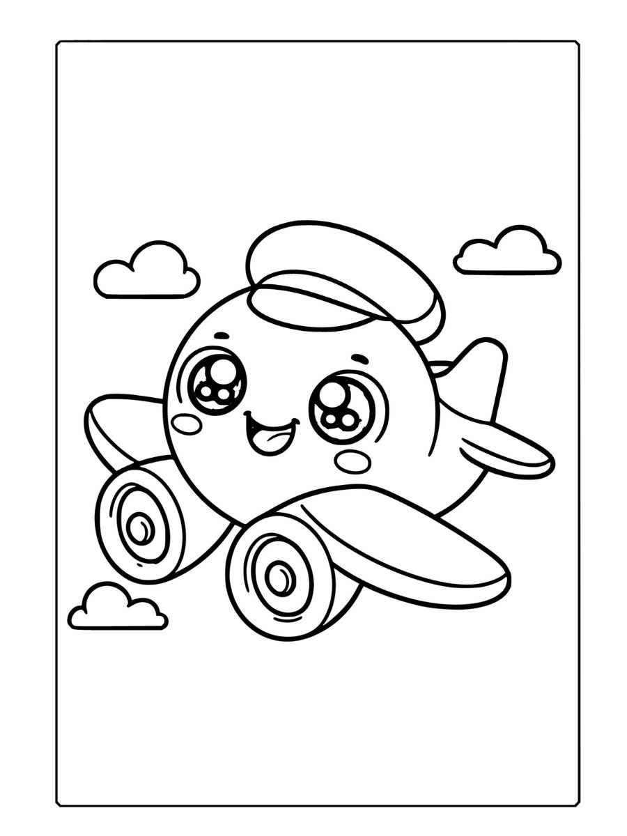 Um avião de desenho animado com características sorridentes, projetado para ser amigável e atraente para as crianças. O fundo é mínimo com algumas pequenas nuvens