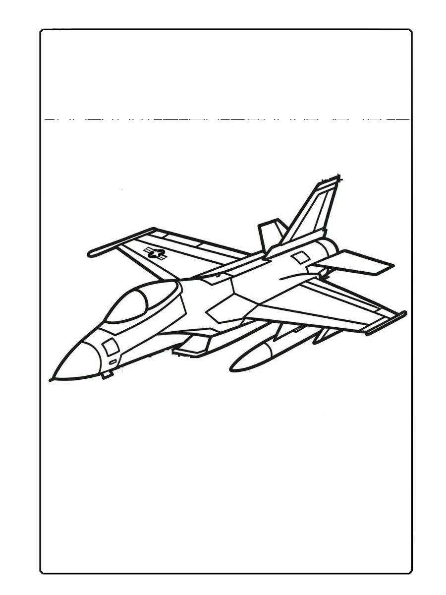 Um avião militar, especificamente um caça a jato. Ele foi projetado em um estilo simples e minimalista para facilitar a coloração