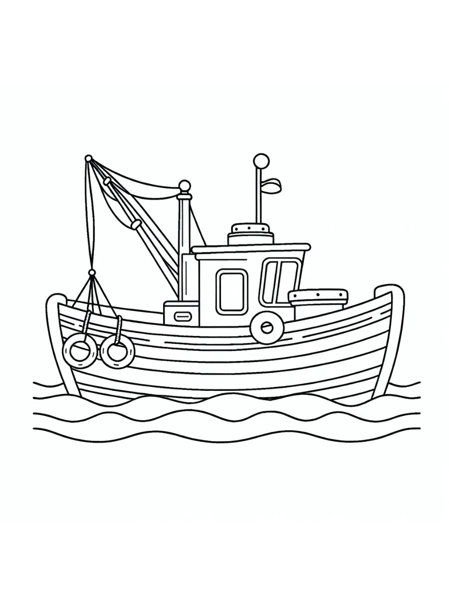 Um desenho simples de um barco de pesca com uma pequena cabine e redes, desenhado para as crianças colorirem, contra um fundo muito simples de água e um céu calmo