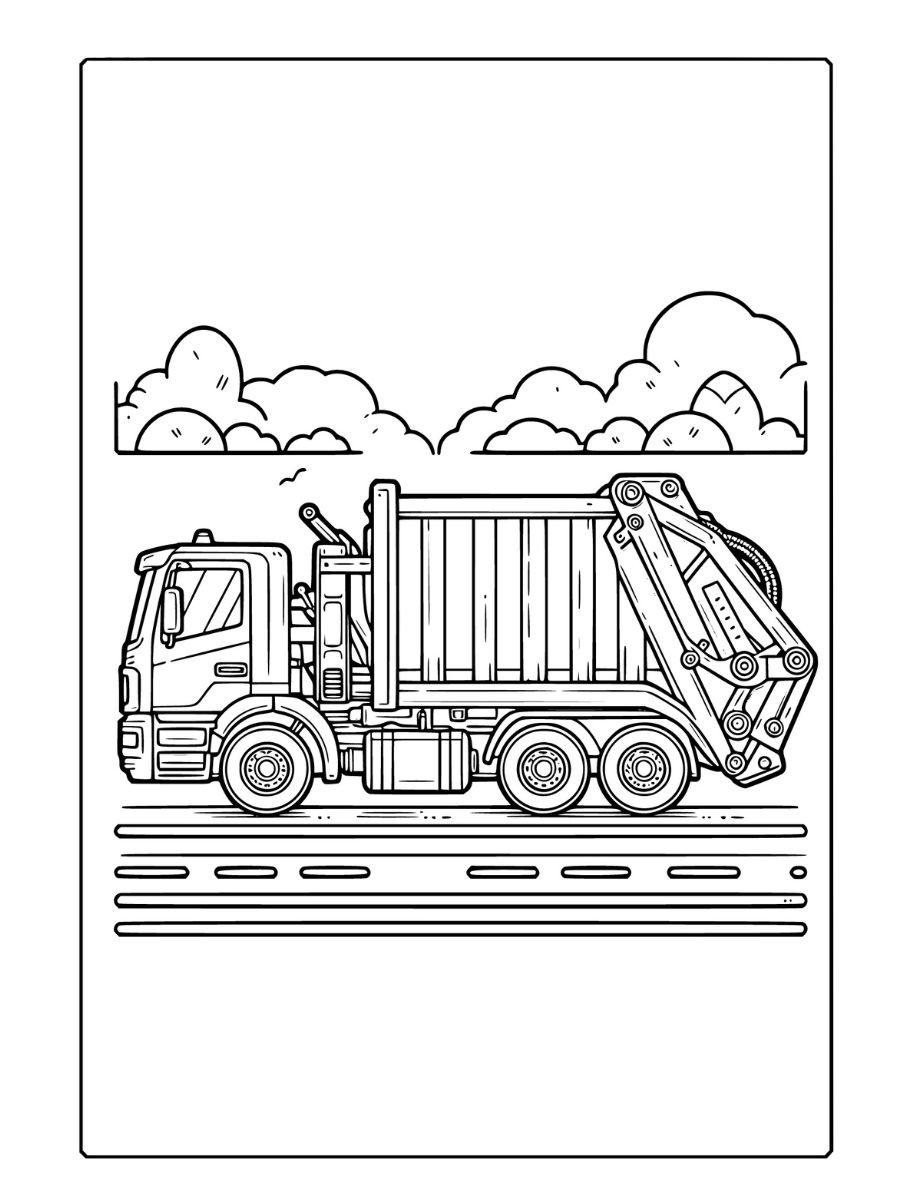 Um desenho simples de um caminhão de lixo compactador em um ângulo diagonal, adequado para páginas para colorir infantis, com um fundo mínimo, incluindo uma sugestão de estrada e árvo