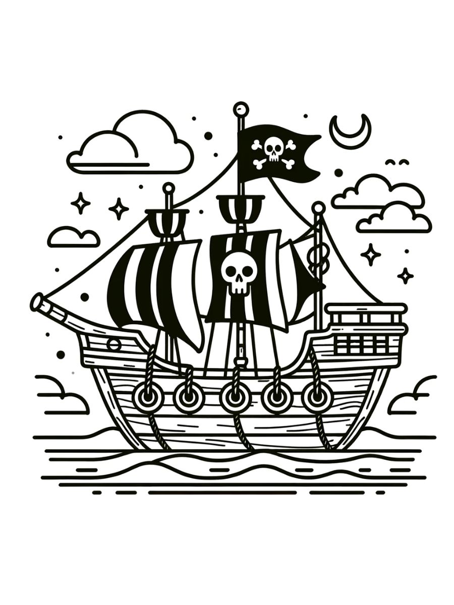 Um desenho simples de um navio pirata com uma bandeira de caveira, projetado para as crianças colorirem, contra um fundo mínimo com ondas do mar e nuvens