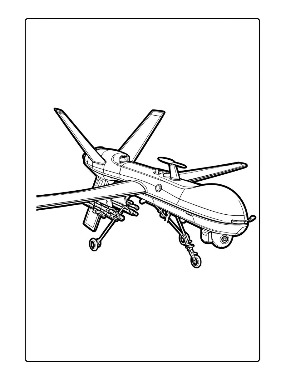 Um drone MQ-9 Reaper, representado de uma vista lateral com suas características distintivas, como asas longas e bola sensora