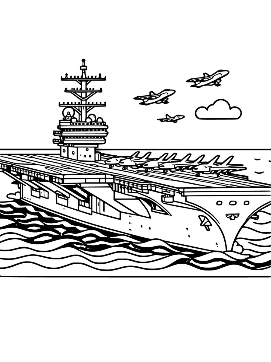 Um porta-aviões com cabine de comando e torre de controle, contra um fundo muito simples de ondas do mar para Navio para Colorir