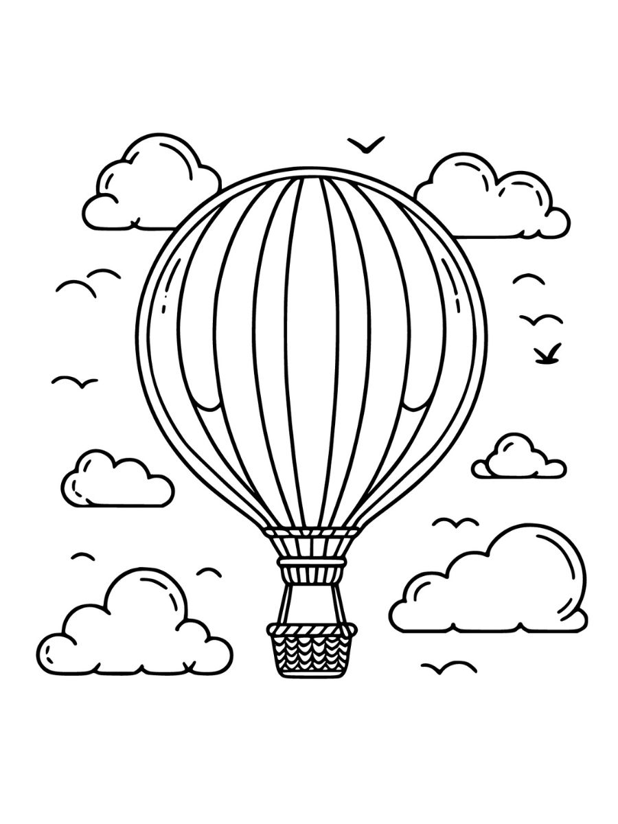 balão de ar quente para colorir grátis com nuvens e pássaros