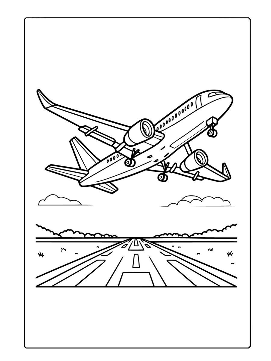 retratando um avião pousando em uma pista. A cena inclui uma pista simples e algumas árvores distantes, projetadas com contornos claros e amplo espaço em branco para colorir
