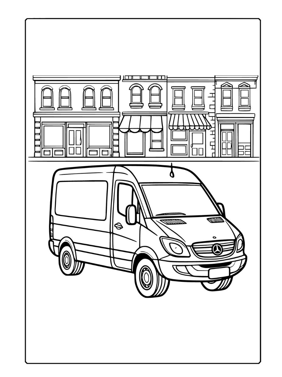 van de entrega Mercedes em estilo cartoon. Este desenho inclui um cenário urbano básico com vitrines para colorir