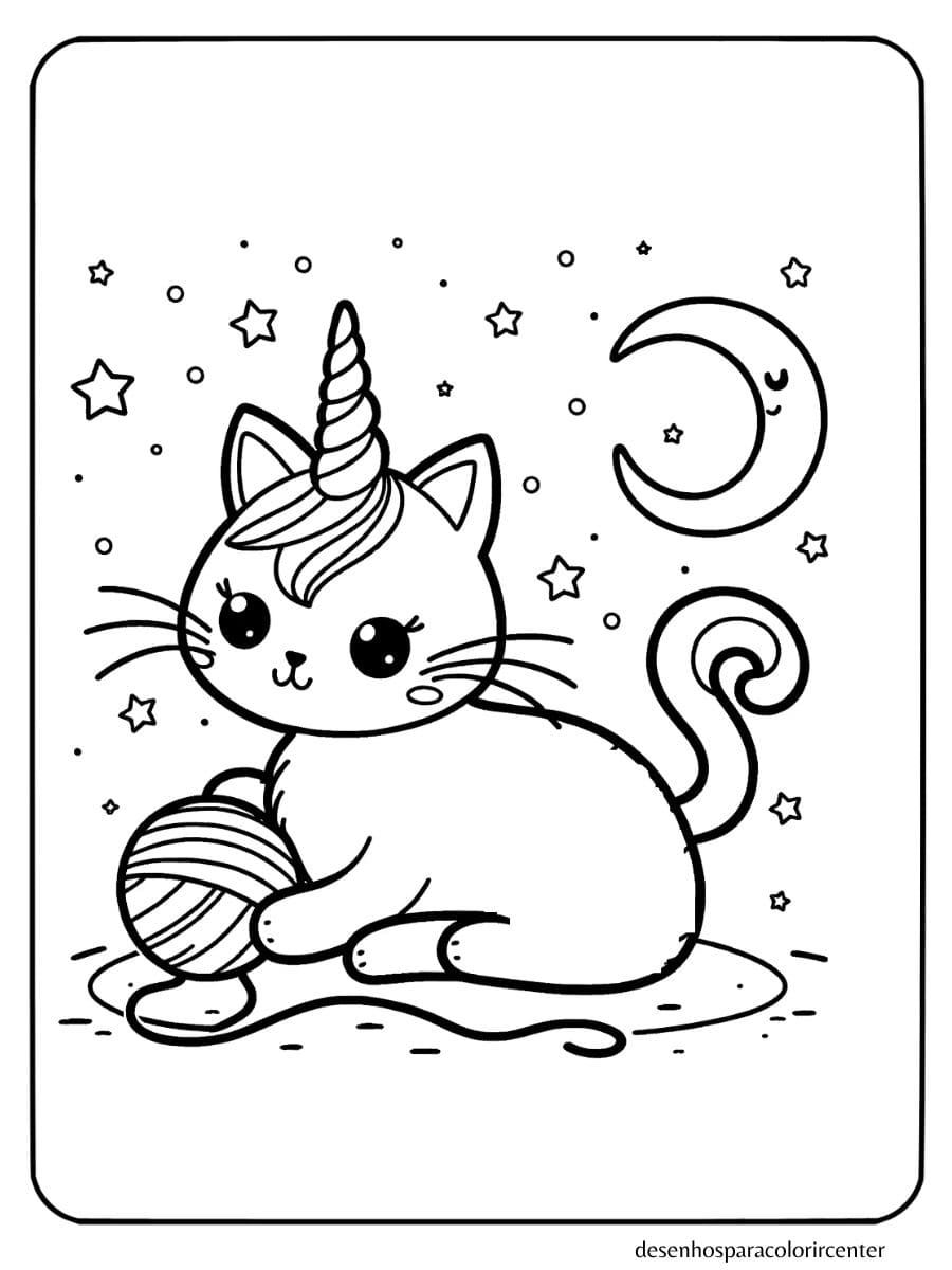 unicornio gatinho para colorir brincando com novelo de lã e estrelas.