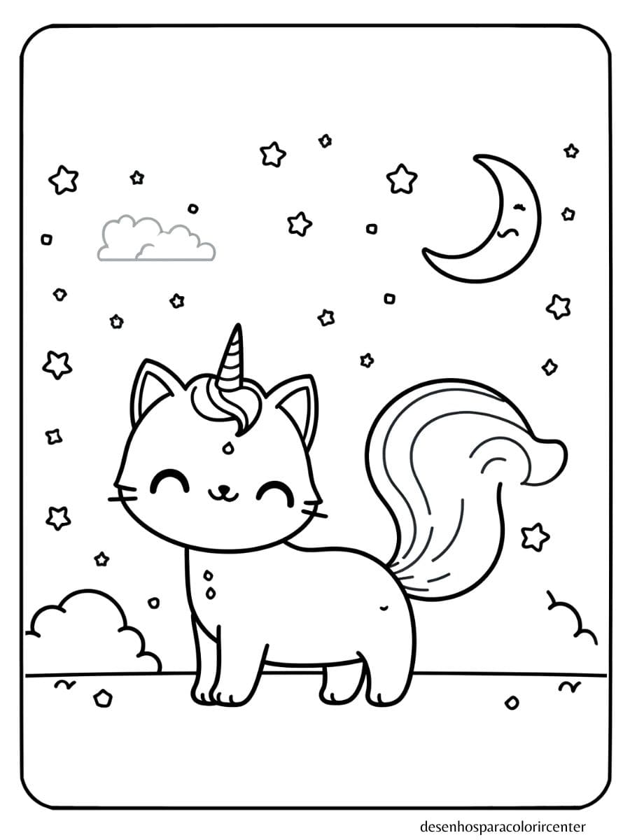 unicornio gatinho para colorir brincando sob a lua e estrelas.