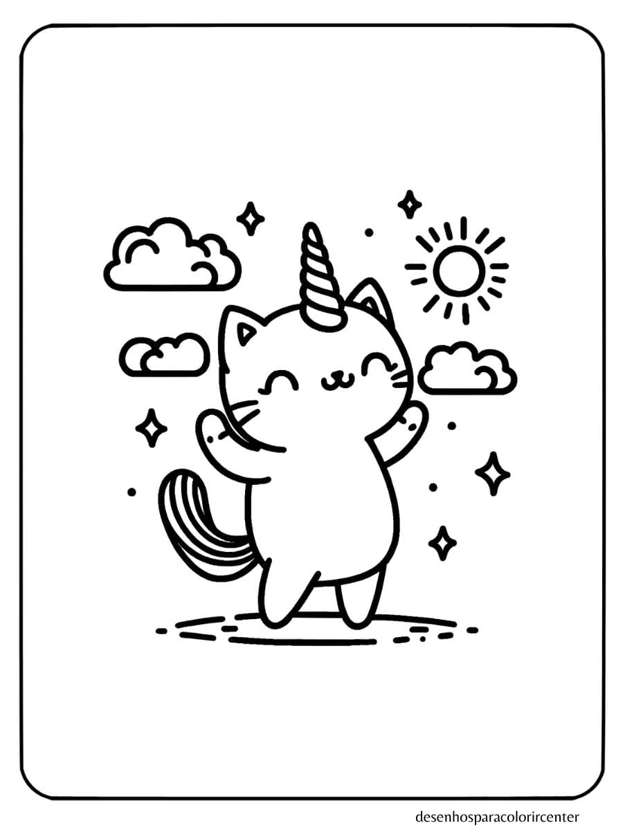 unicornio gatinho para colorir dançando com sol e nuvens.