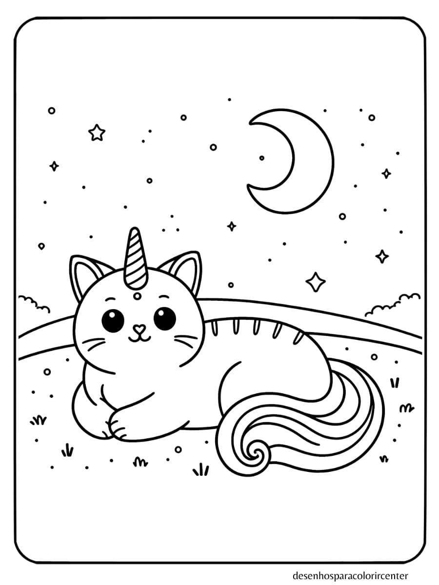 unicornio gatinho para colorir deitado relaxado com lua crescente e estrelas.