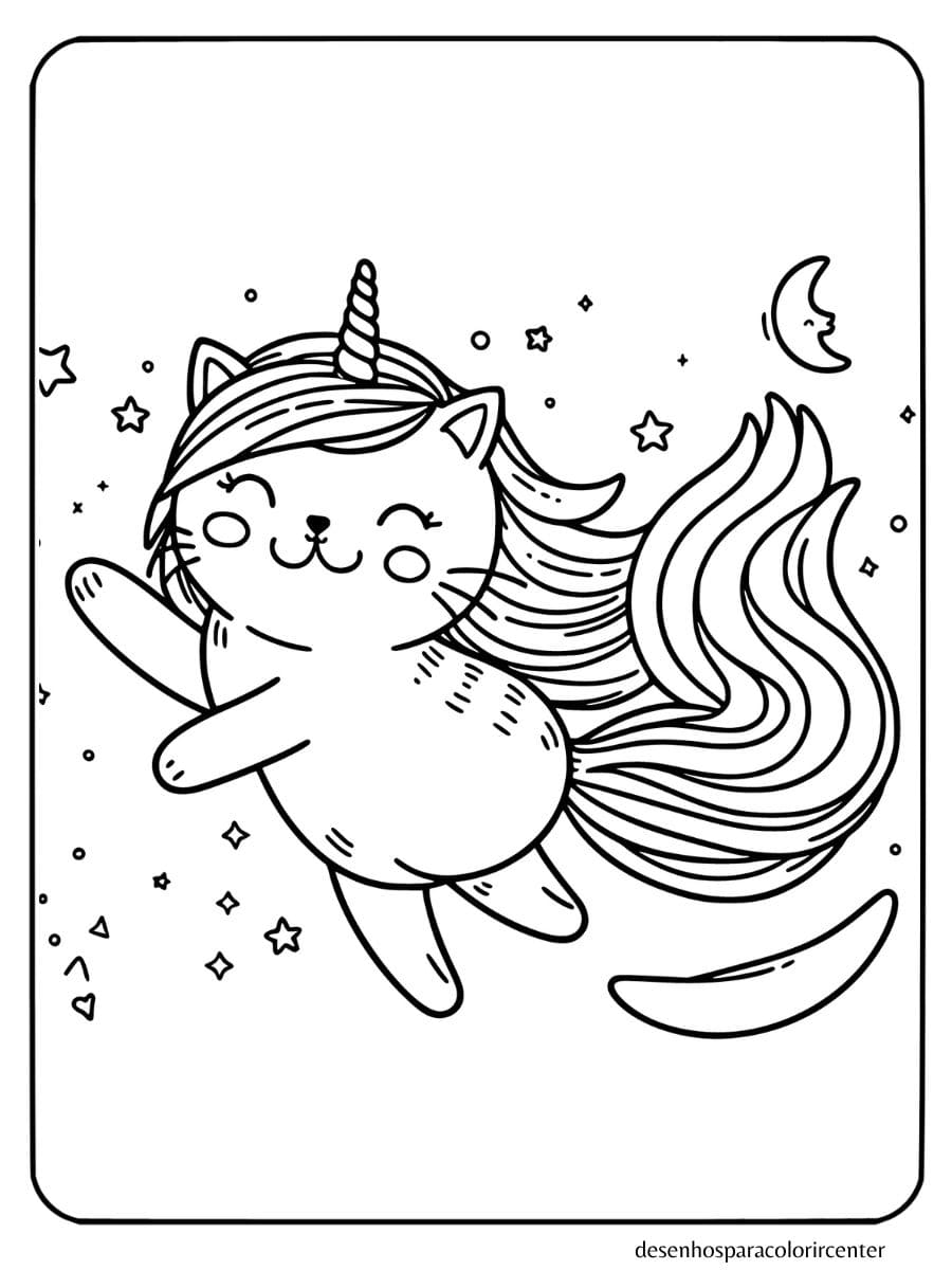 unicornio gatinho para colorir pulando com estrelas e lua.