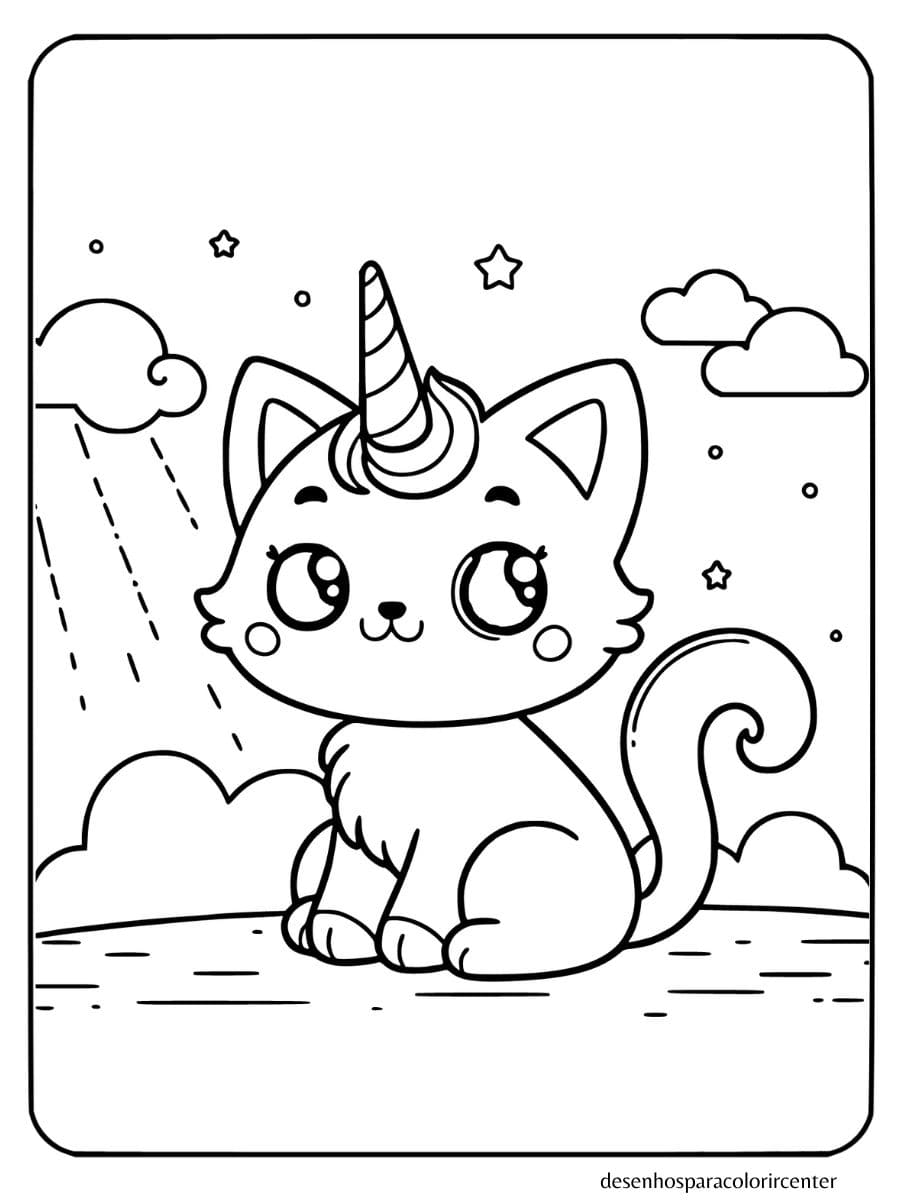 unicornio gatinho para colorir sentado curioso com nuvem e estrela.
