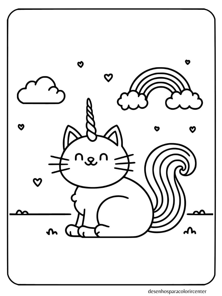 Unicornio gatinho para colorir sentado sob o arco-íris com nuvens.