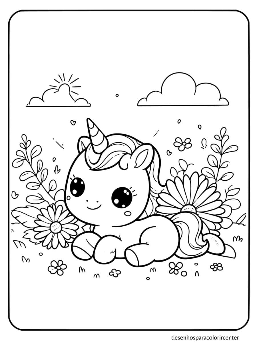 Unicornio Bebe Deitado Entre as Flores Para Colorir