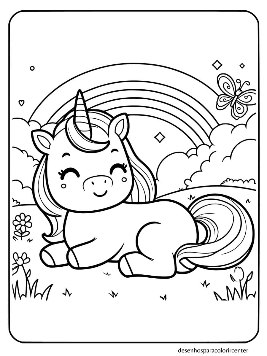 Unicornio bebe deitado com expressão feliz, chifre pequeno e crina curta para colorir