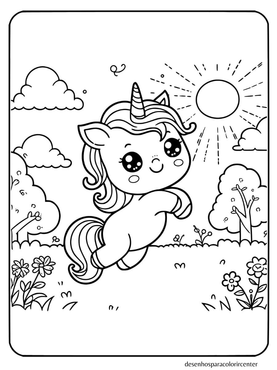 Unicornio bebe pulando de alegria, chifre pequeno e juba brincalhona em um jardim com algumas flores e uma árvore para colorir