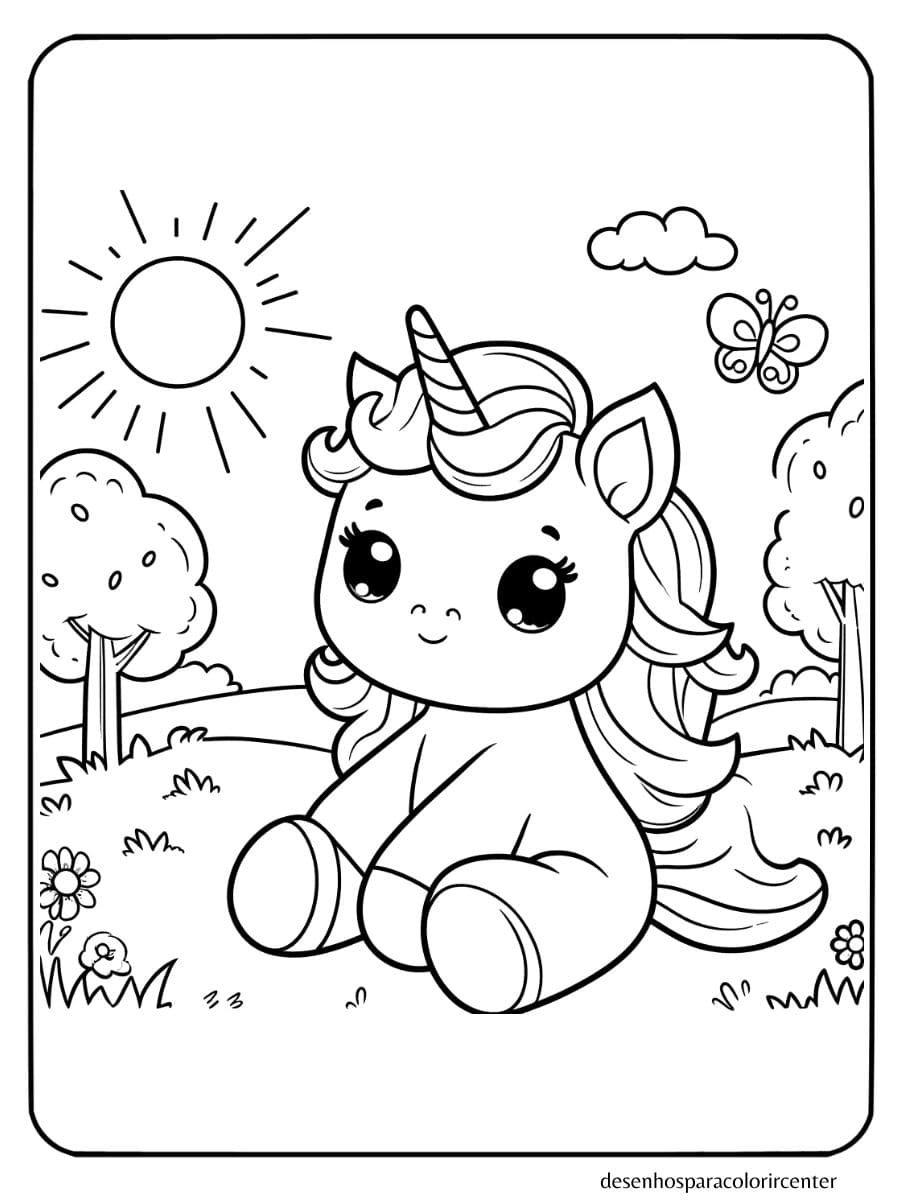 Unicornio bebe sentado brincando em um dia ensolarado para colorir