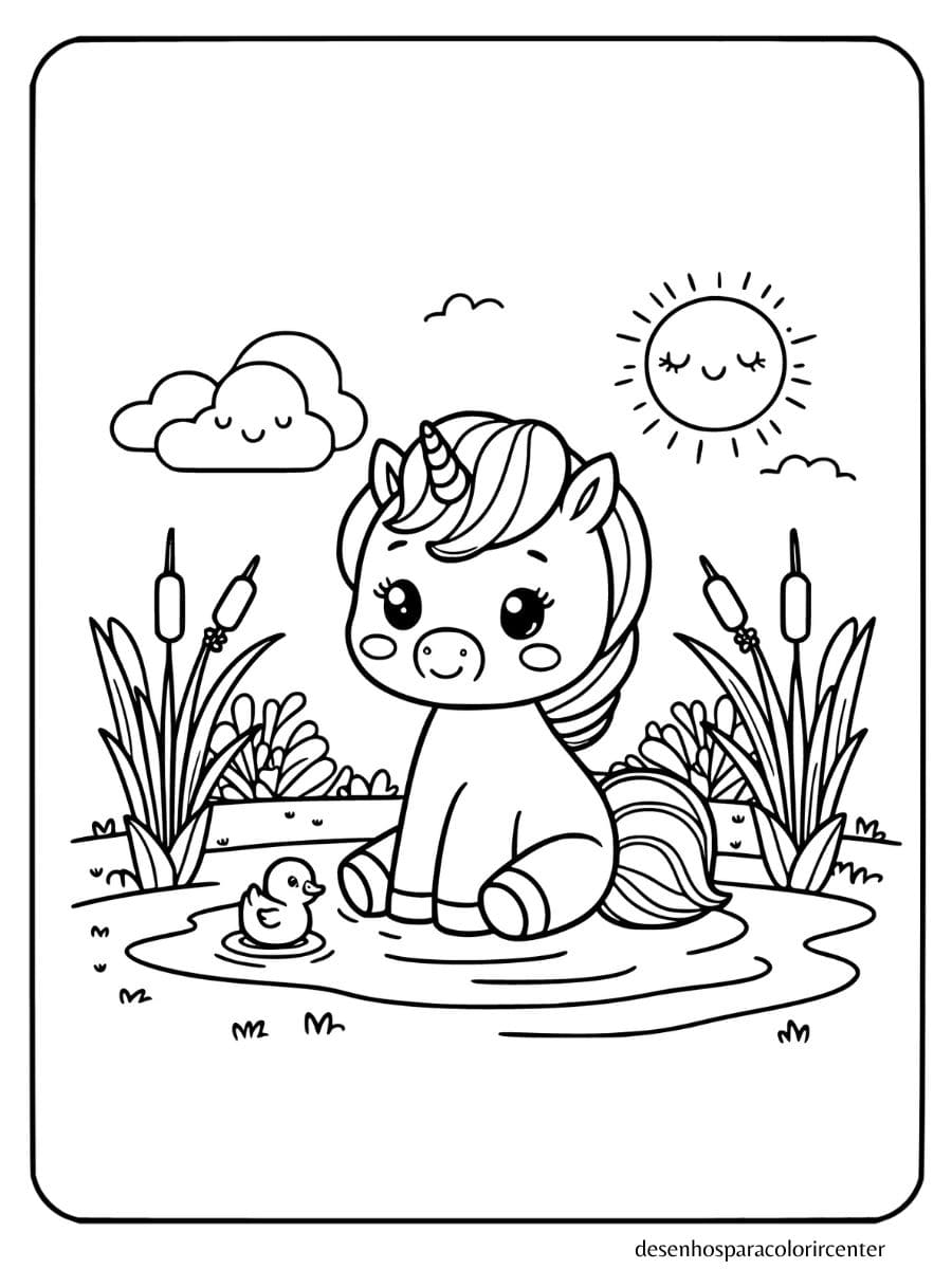 unicornio bebe sentado com expressão calma, chifre pequeno e crina fofa para colorir