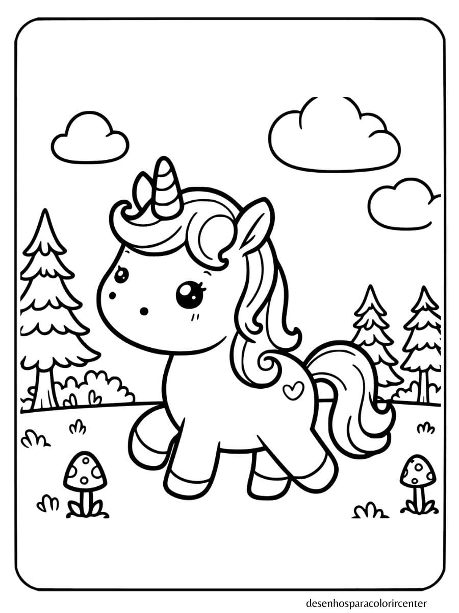 Unicornio bebe unicórnio andando com expressão curiosa, chifre pequeno e juba ondulada em uma floresta para colorir