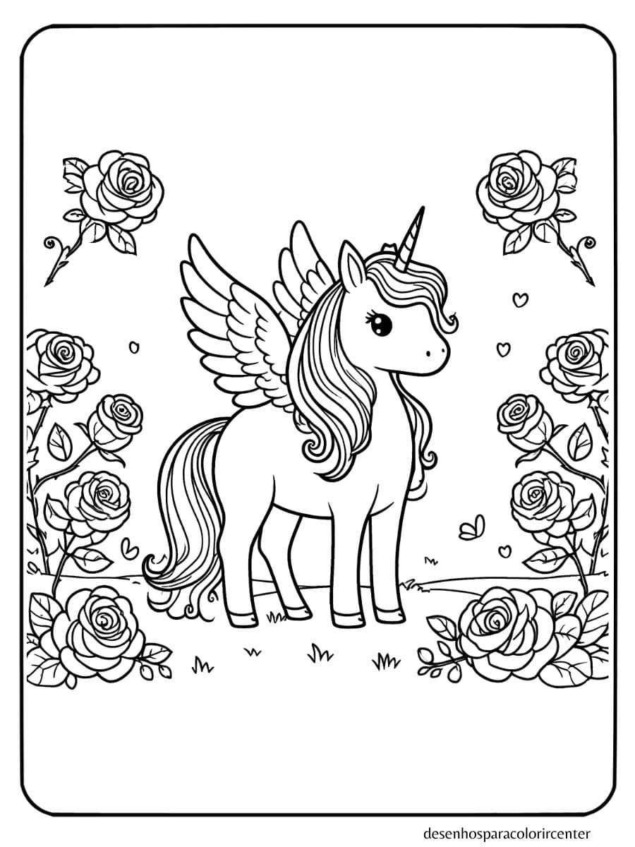 Unicornio com asas para colorir, em pé entre rosas florescendo