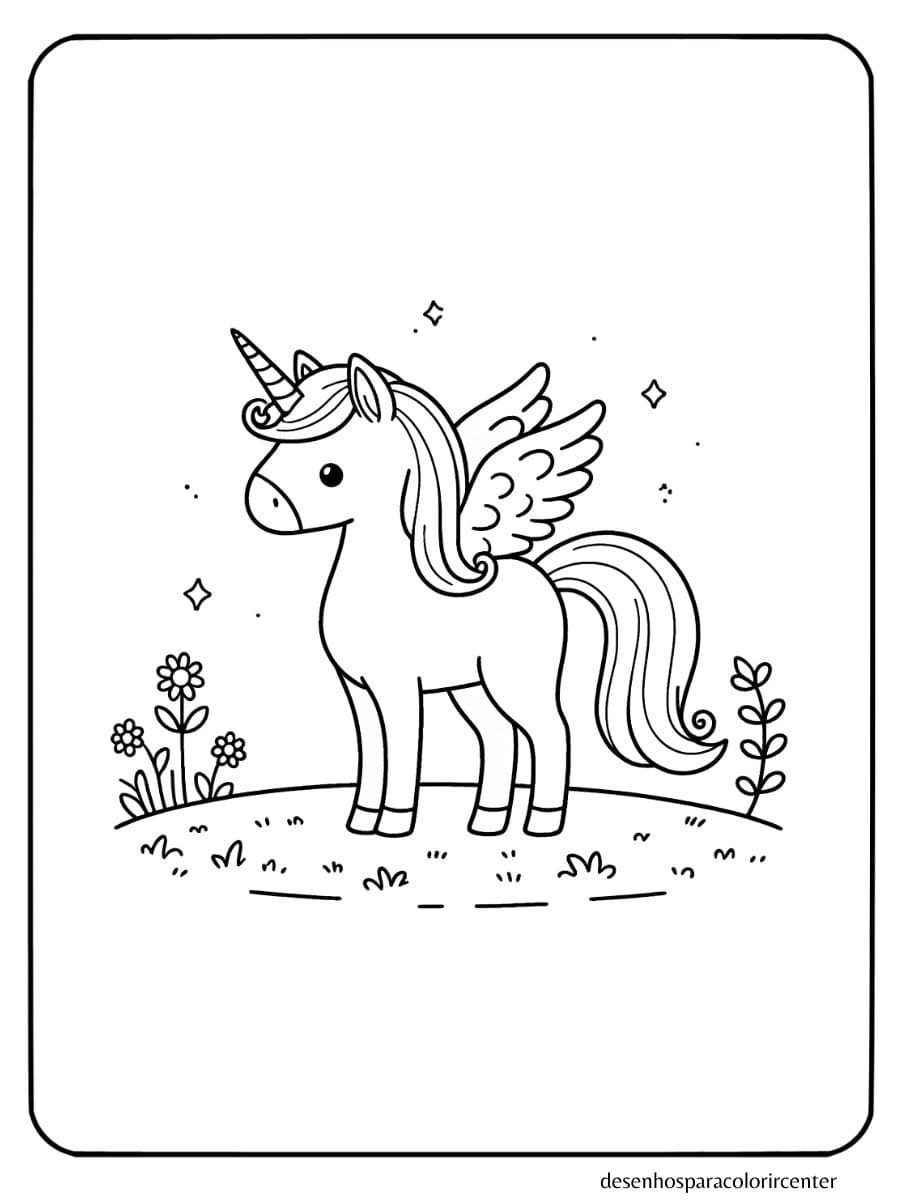Unicornio com asas para colorir, em pé em um campo gramado com flores