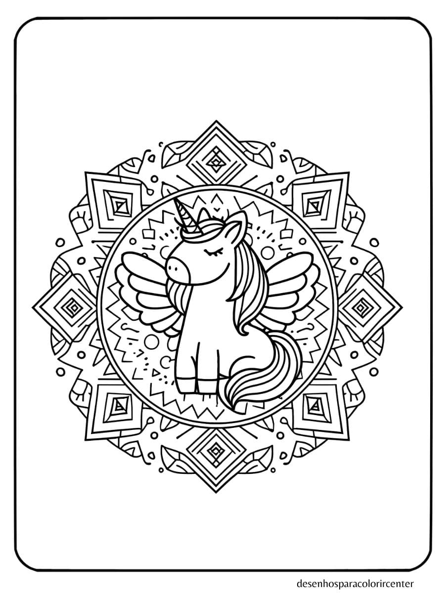 Unicornio com asas para colorir, no centro de um design de mandala
