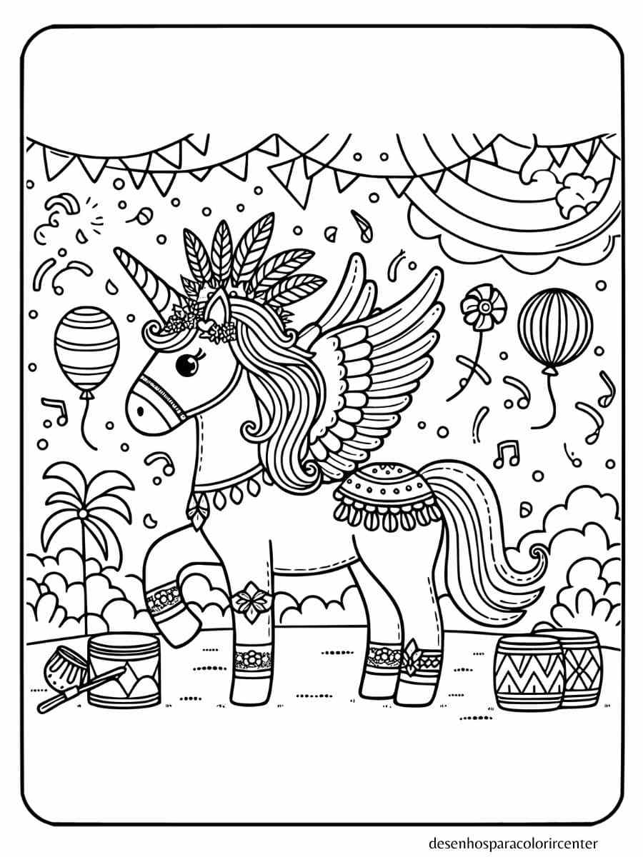 Unicornio com asas para colorir, decorado em um festival brasileiro com confetes