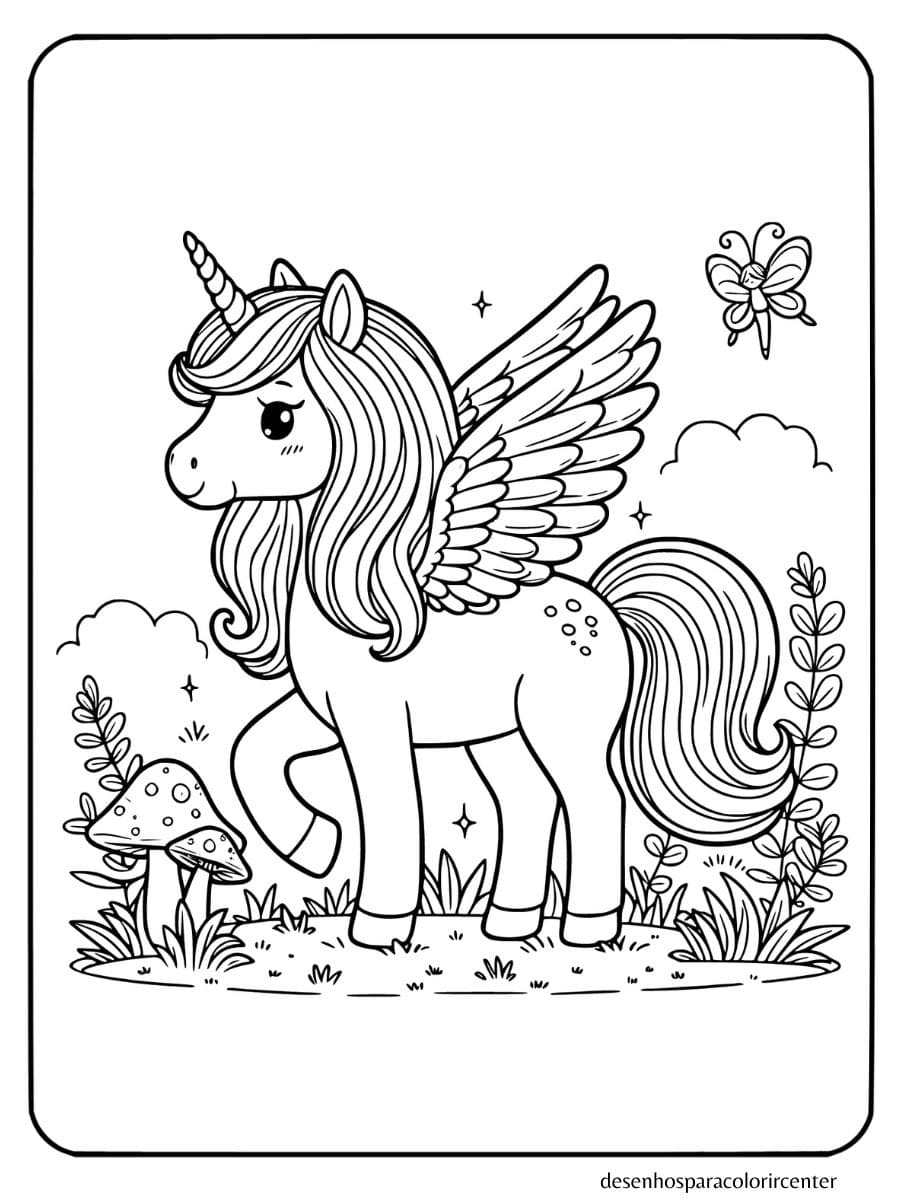 Unicornio com asas para colorir, em pé em um prado mágico com cogumelos e fada