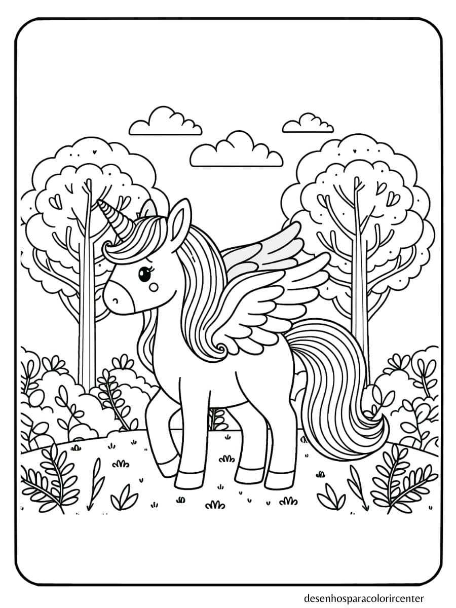 Unicornio com asas para colorir, em pé em uma floresta com árvores e arbustos