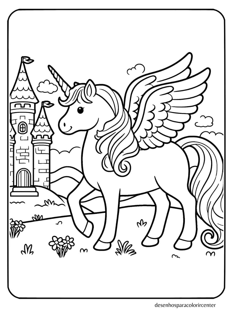 Unicornio com asas para colorir, em pé perto de um castelo com fosso