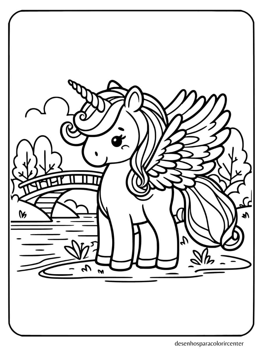 Unicornio com asas para colorir, em pé perto de um rio com ponte ao fundo