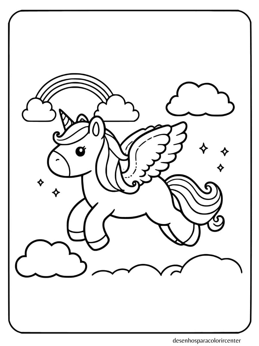 Unicornio com asas para colorir, voando no céu com arco-íris e nuvens