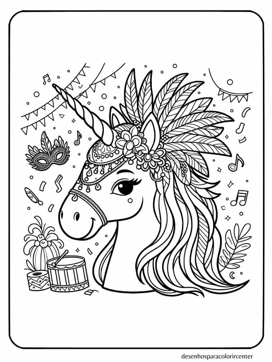 cabeça de unicórnio com decoração de festival, cabeça de unicornio para colorir