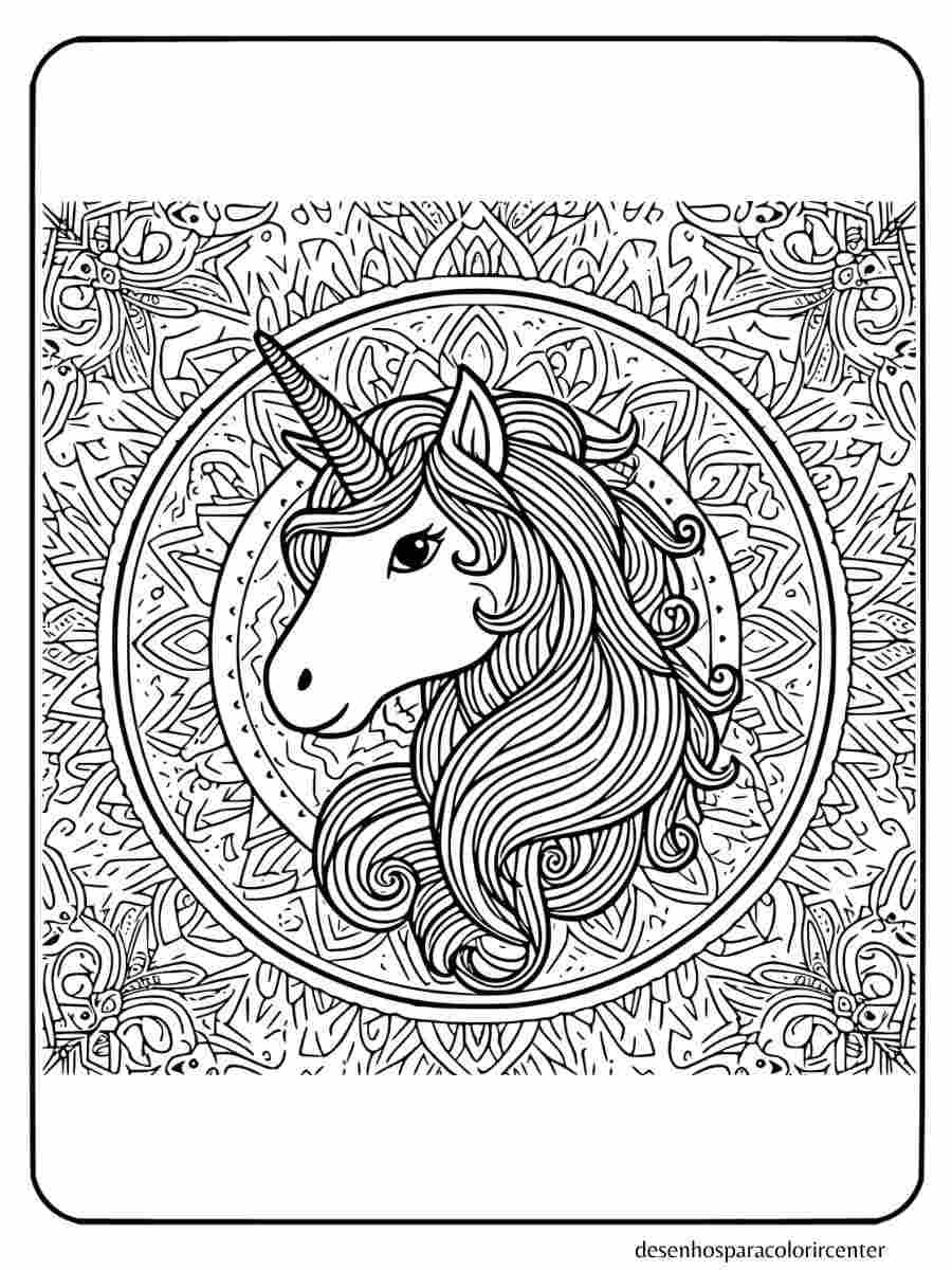 cabeça de unicórnio mandala detalhado, cabeça de unicornio para colorir