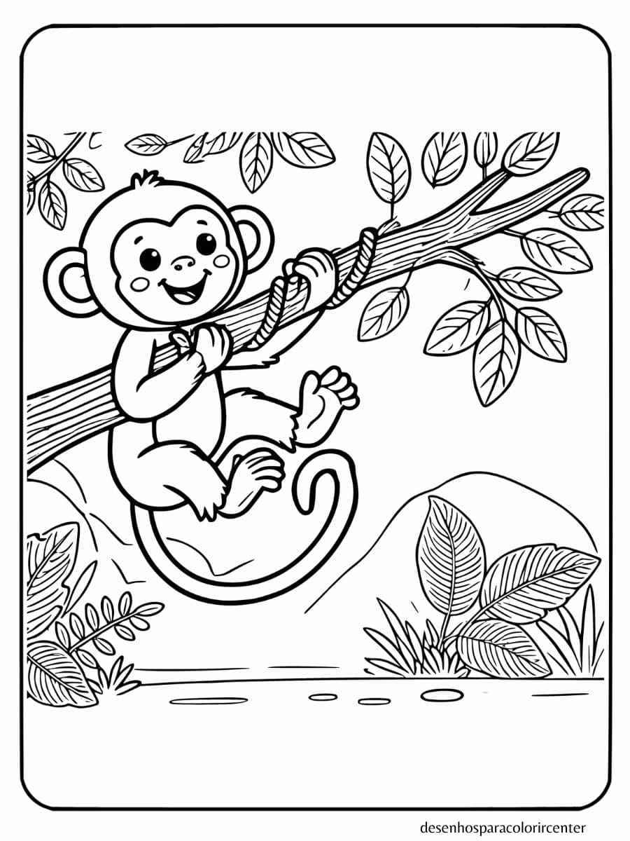 macaco para colorir balançando em uma videira