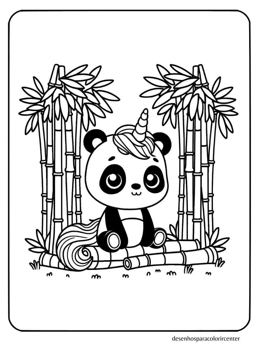 panda unicornio para colorir na floresta de bambu