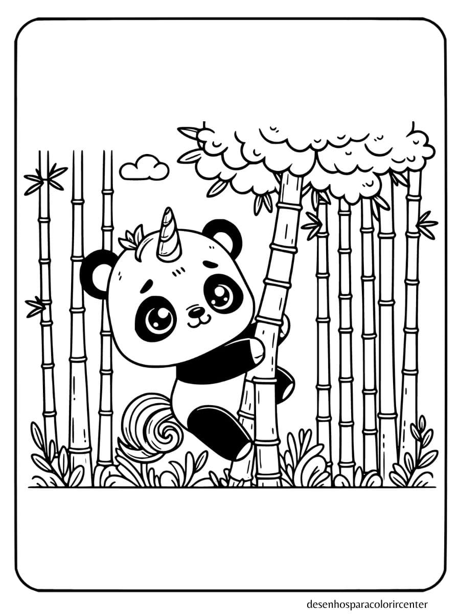 panda unicornio para colorir subindo no bambu